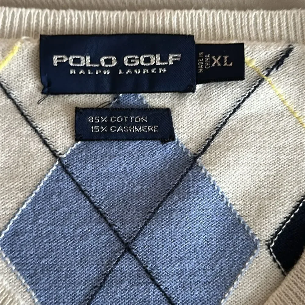 Polo Golf Ralph Lauren Argyle Sweater Vest Men's XL Blue/White Diamond Knit
